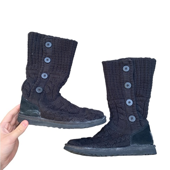 Ugg Australia Leland Cable Knit Boots With Buttons Size 6 Black - Picture 2 of 7